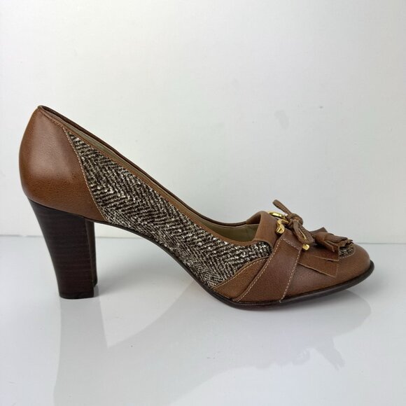 Talbots Margot Block Heel Pumps 9.5 Brown Tweed Leather Womens Shoes Academia - Picture 9 of 16